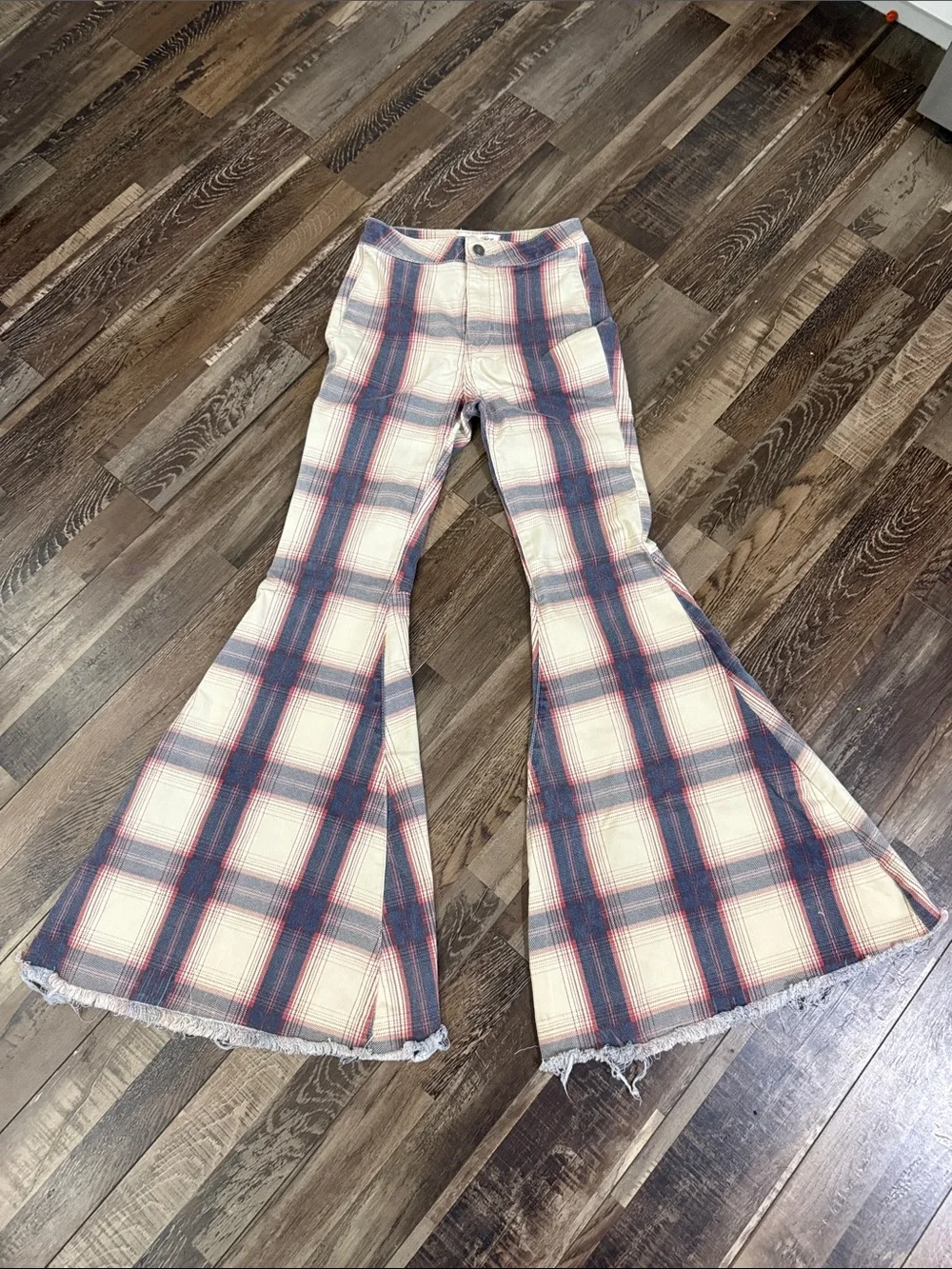 We The Free Plaid Flare Pants in Cream, Navy & Red - Picture 1 of 3